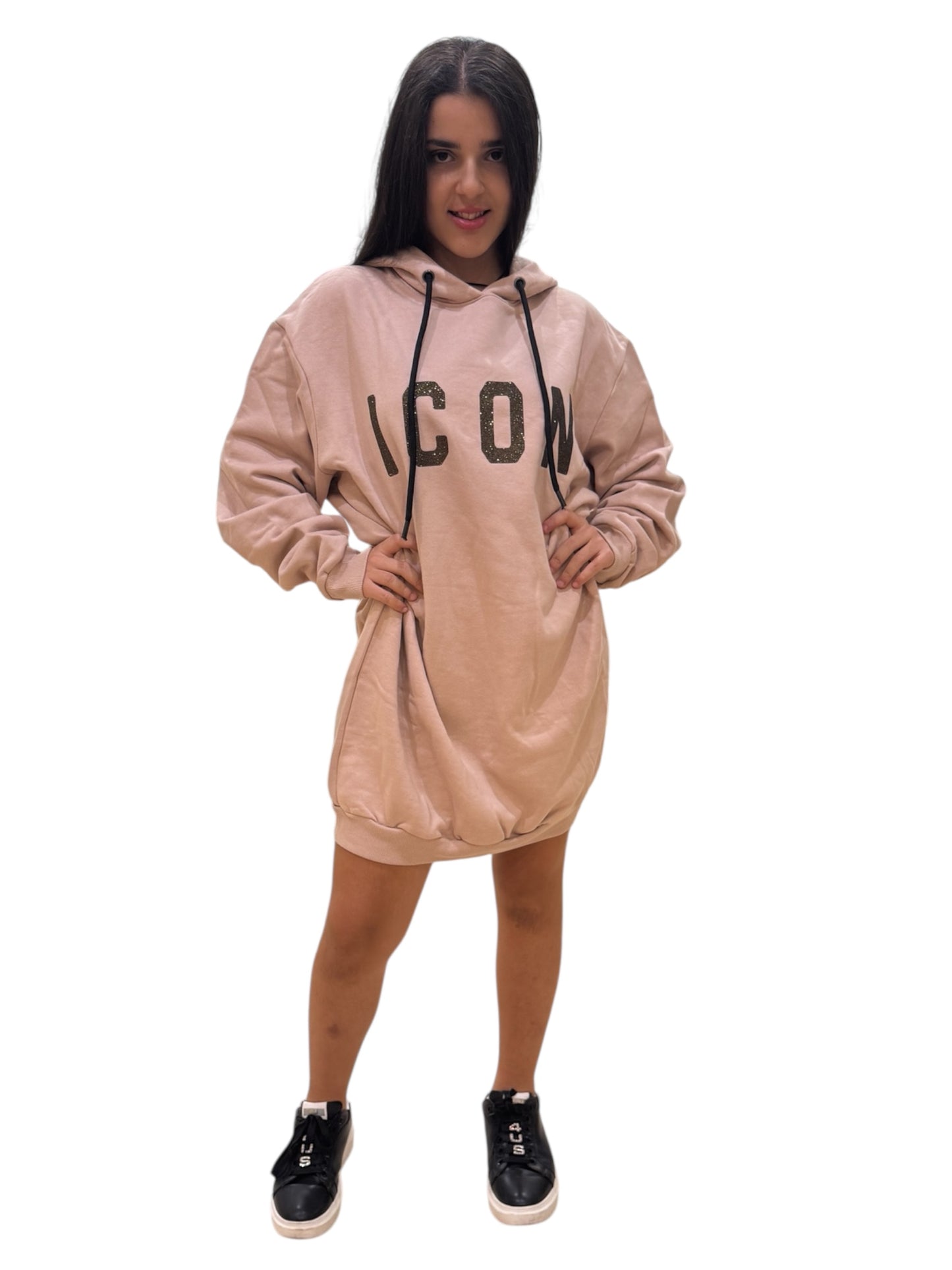 Icon maxi abito felpa avorio con logo glitter