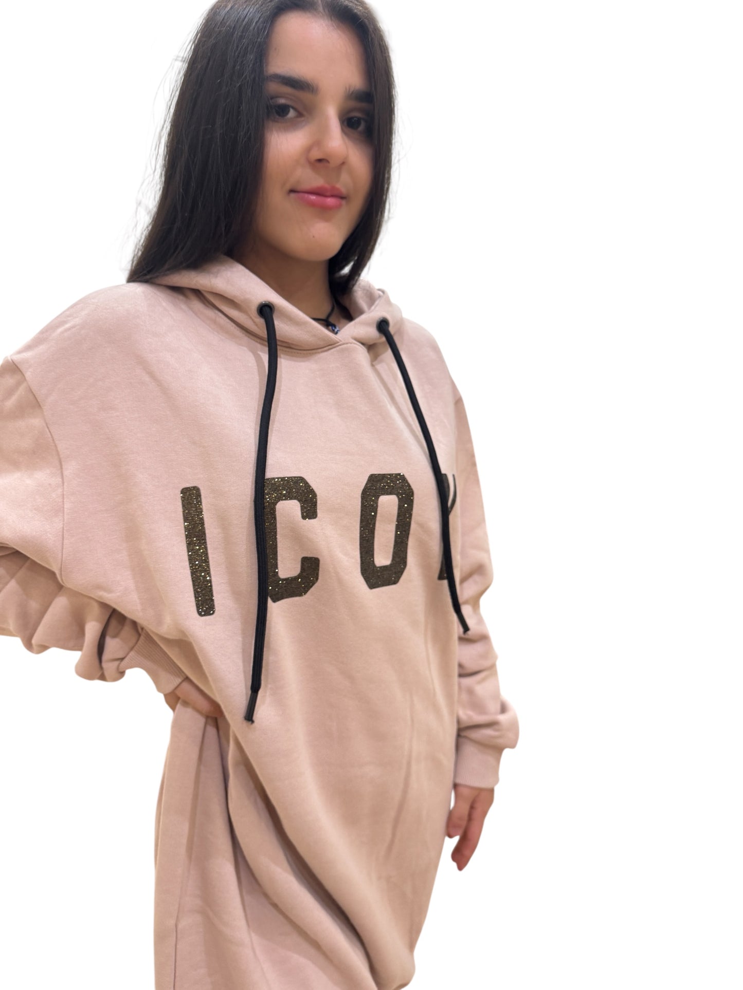 Icon maxi abito felpa avorio con logo glitter