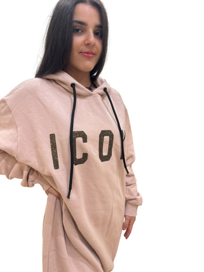 Icon maxi abito felpa avorio con logo glitter