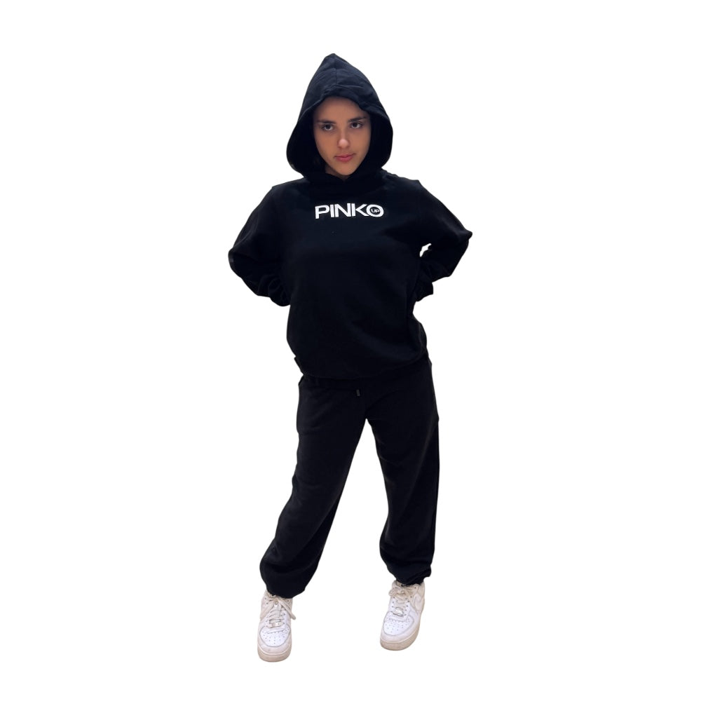 Pinko Up felpa nera elasticizzata con cappuccio e logo stampato